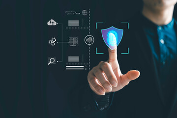 Businessman protecting personal data on smart app, virtual screen interfaces. cyber security.Cybersecurity and privacy concepts to protect data. Lock icon and internet network security technology.