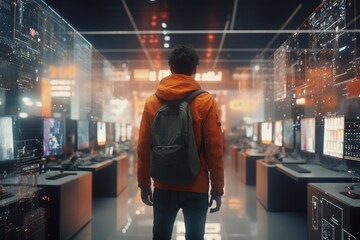 A young man is walking in an electronics supermarket, browsing, and picking out a computer. Long counters, lots of computers, monitors, laptops. High-tech interior, neon lighting.