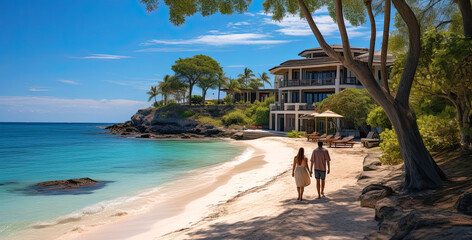 A couple in love walks along the seashore on the beach to the house, romantic vacation concept