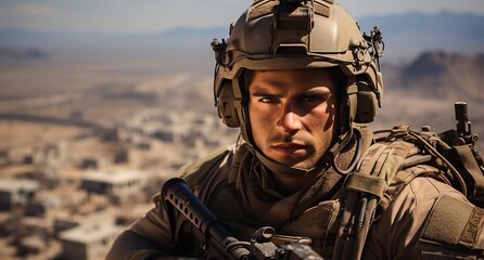 Fototapeta premium Israeli soldier in front of an Israeli city. AI