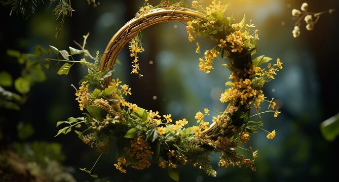 Symbol of Summer Solstice Day. Beautiful wreath of daisies and meadow flowers hanging on a branch, sun rays at sunset, bokeh, green background. Pagan witch traditions, Wiccan ritual. Lita Sabbath.