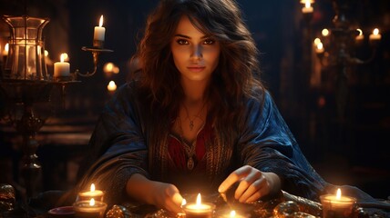 Mystical fortune teller: girl practicing magic and predictions. Black magic. AI