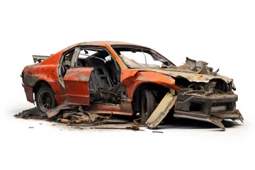 Poster An AI generated image of a destroyed car isolated on white background. © MeSSrro