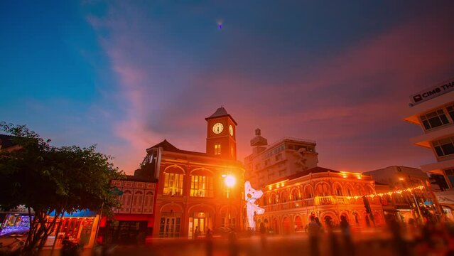 .Phuket,Thailand-October,09,2023:.amazing sky above the architectural style in Phuket city was built in Chino portuguese style..clock tower the ancient building and popular landmark in Phuket city