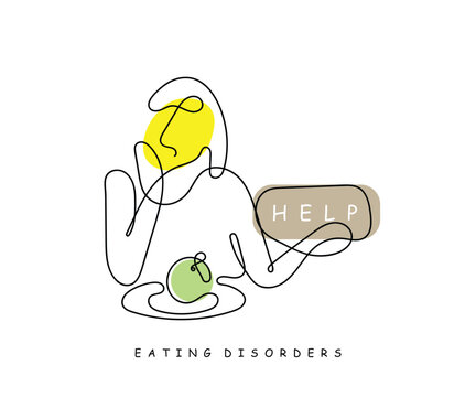 Line art vector of a people or person suffering from eating disorder. Girls mental health. Eating disorder awareness.