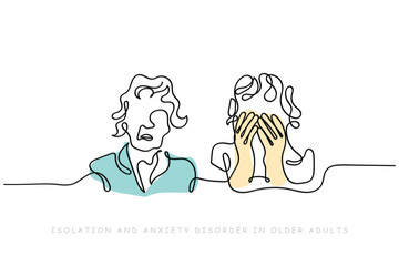Older adults and mental health line art vector. Elderly concept art.