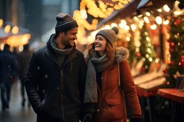 Joyful middle old aged couple, a man and woman, walking near Christmas Market stalls. - obrazy, fototapety, plakaty