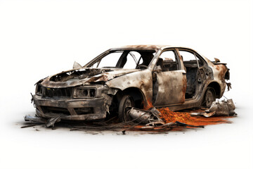 An AI generated image of a destroyed car isolated on white background. - obrazy, fototapety, plakaty
