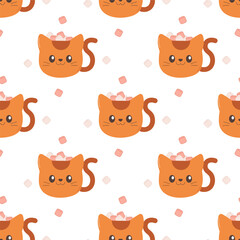 Pattern seamless mug with cat and marshmallows, winter, christmas.