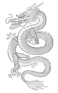 中国や日本の龍の線画　辰年の年賀状イラスト素材
