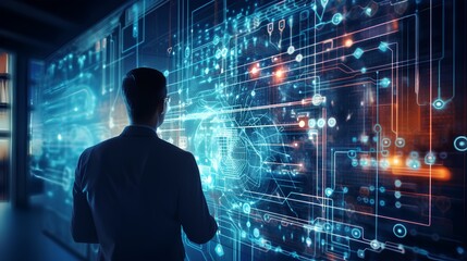 Machine Learning engineer work, utilizing high technology tools to monitor and improve AI systems. Modern technology process of artificial intelligence development and big data collection.