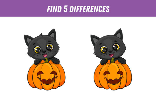  Find five differences between two pictures of cute black cat. Cute kitten and pumpkin. Halloween card. Activity page