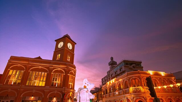 .Phuket,Thailand-October,09,2023:.Amazing sunset above the Beautiful buildings in Phuket Old Town..beautiful sky in twilight. popular landmark in Phuket..