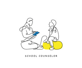 Continuous line art of a school counselor in a session with a kid. School teacher line art.