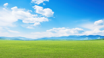 Fototapeta na wymiar Green grass field on slope with blue sky and clouds background, cloud mountain tropic valley landscape, wide misty panorama