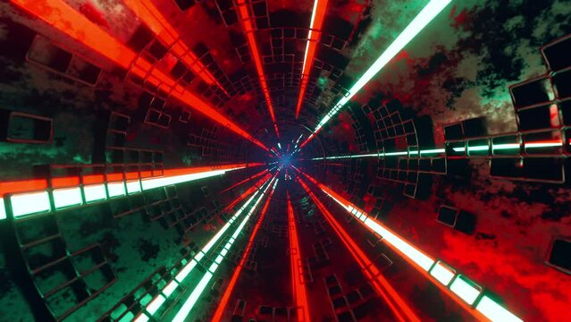 VJ loop animation. Flying camera in a tube with many red, green, white lights. Dj visuals effects. Visual loops for music. Vfx background for music and edition video.