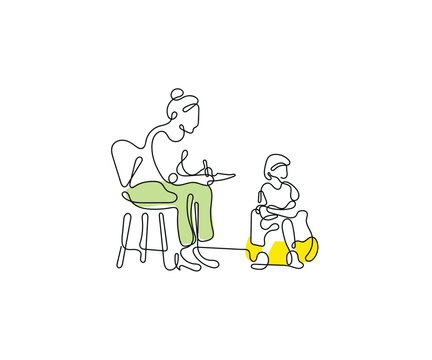 Continuous line art of a school counselor in a session with a kid. School teacher line art.