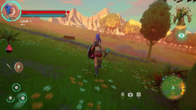 Video Game Mock-up: Playable Character Respawning in Video Game Set in Beautiful 3D Realm. Fantasy RPG Featuring Female Hero Character on Adventure, Discovering, Running Towards Goal Marked on Map