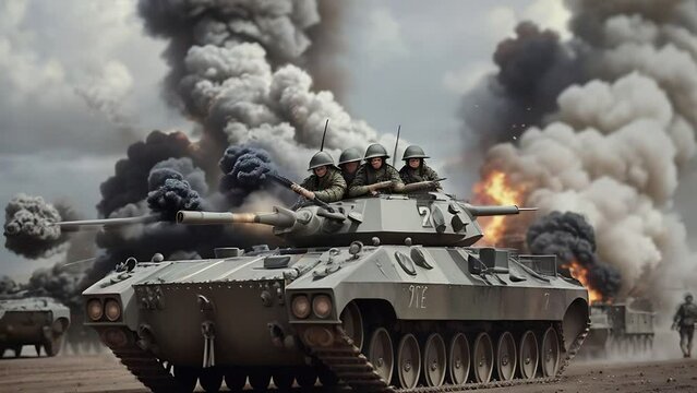 Tank with tankers among smoke and fire, war illustration