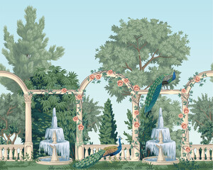 Garden gallery with peacock and fountain mural. Classic landscape.
