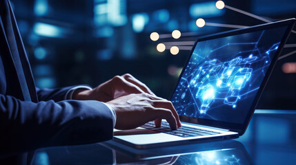 Male hands working on a laptop at the data center. Digital world in male professional hands. Copy space