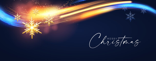 Merry Christmas shining celeration with motion light and gold snowflakes. - obrazy, fototapety, plakaty
