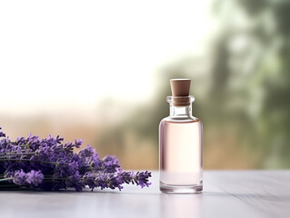 A small bottle with natural lavender oil on white table, blurred background