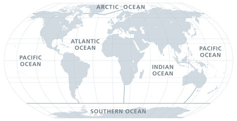 The five oceans of the world, gray map. Model of oceanic divisions with approximate boundaries. Pacific, Atlantic, Indian, Arctic, and Southern or Antarctic Ocean. World oceans, bodies of salt water.