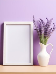 Empty photo frame mock up with purple lavender flowers on a shelf with lavender in a vase