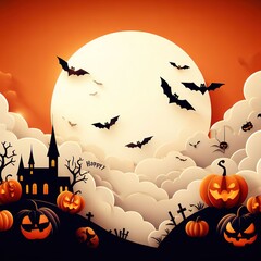 Happy Halloween banner or party invitation in paper cut style. illustration. - 659824757