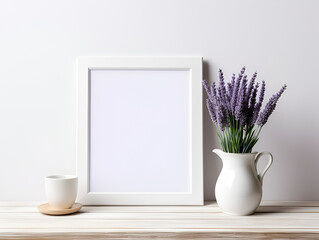 Empty photo frame mock up with purple lavender flowers on a shelf with lavender in a vase