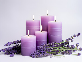 Obraz na płótnie Canvas Purple aroma lavender candles on white table, mock up with copy space