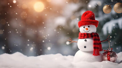 Fototapeta premium Christmas snow man in snow winter background