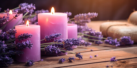 Purple aroma lavender candles on wooden table, dark blurred background