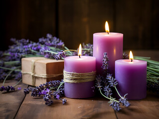 Obraz na płótnie Canvas Purple aroma lavender candles on wooden table, dark blurred background