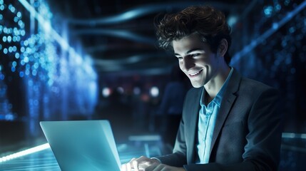 Young man working on a laptop at the data center. Digital world in male professional hands. Copy space