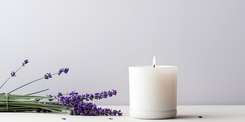 White aroma lavender candle on white table. mock up with copy space - obrazy, fototapety, plakaty