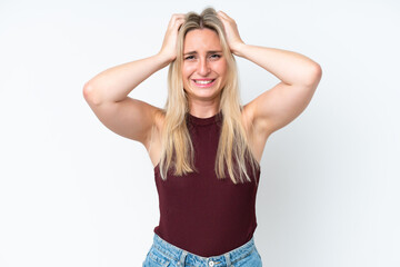 Young caucasian woman isolated on white background doing nervous gesture