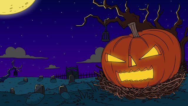 Halloween Pumpkin In The Grave Yard On A Nest