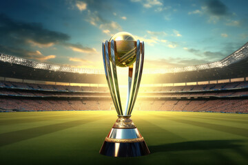 World cup trophy on empty stadium background.