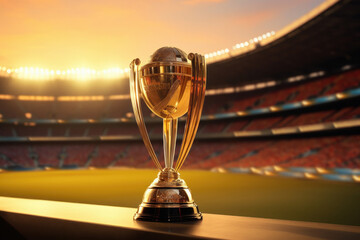 World cup trophy on empty stadium background. - obrazy, fototapety, plakaty