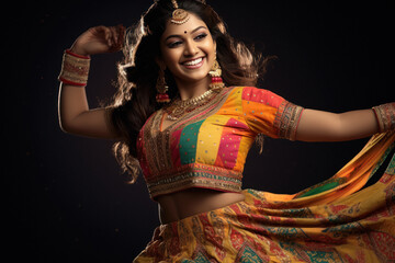 Young indian woman performing garba dance. - obrazy, fototapety, plakaty
