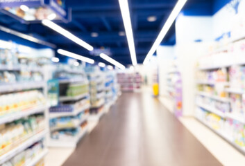 Abstract blurred background of modern luxury department store hall or shopping center mall. Blurred lights background. Blurred defocused bokeh lights with modern white interior architecture