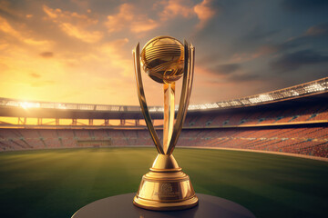 World cup trophy on empty stadium background. - obrazy, fototapety, plakaty