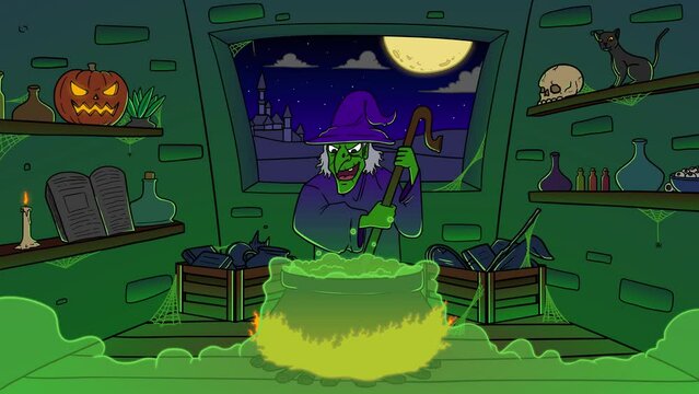 An Old Lady Monster Stirring Magic Pot Inside A Scary Spooky Castle