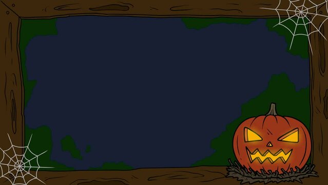Halloween Pumpkin Jumping In Front Of Empty Wooden Black Board