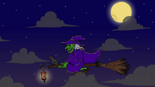 An Old Lady Flying On A Broom Stick Under The Moon In The Night