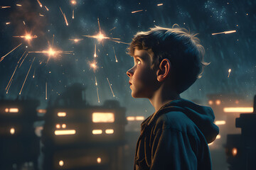Fototapeta na wymiar A boy watching the stars pouring down at night Generative AI