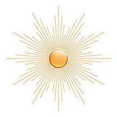 Hand drawn 3d glossy golden Sun, sunburst, starburst, light rays. Bohemian symbol bursting sun rays. Magic talisman, antique style, boho, logo. Vector illustration isolated on white background