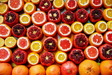 Fresh pomegranate and oranges at the Grand Bazaar, Istanbul. Flatlay view of orange, pomegranate, lemon, grapefruit filtered image